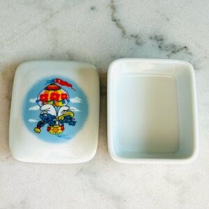 Smurf Trinket Box Smurfette and Smurf Hot Air Balloon Ride. Vintage Ceramic Box